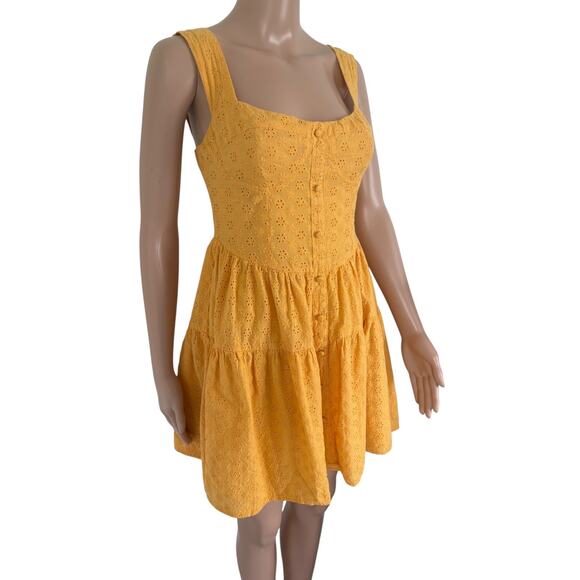 Lulus Yellow Eyelet Button Front Tiered Mini Dress S Boho Cottagecore Feminine - Picture 2 of 7
